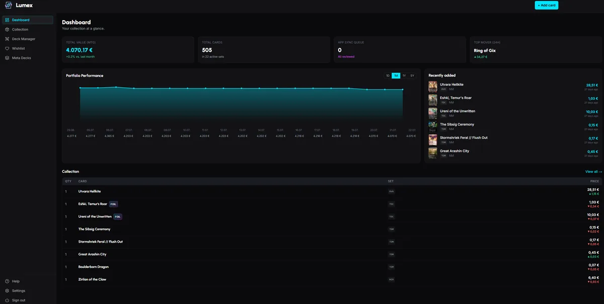 Lumex Web – dashboard with a portfolio value and a history chart