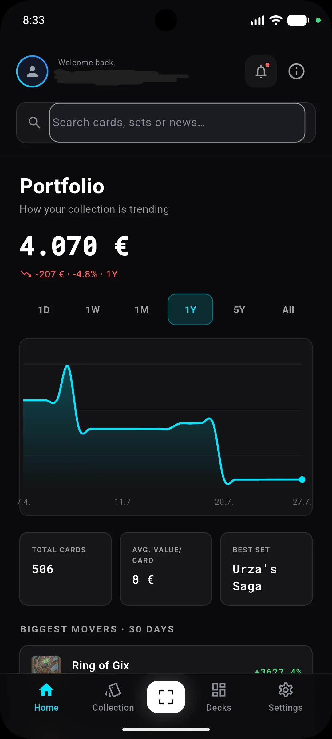 Lumex app – Home tab with portfolio value and value history chart